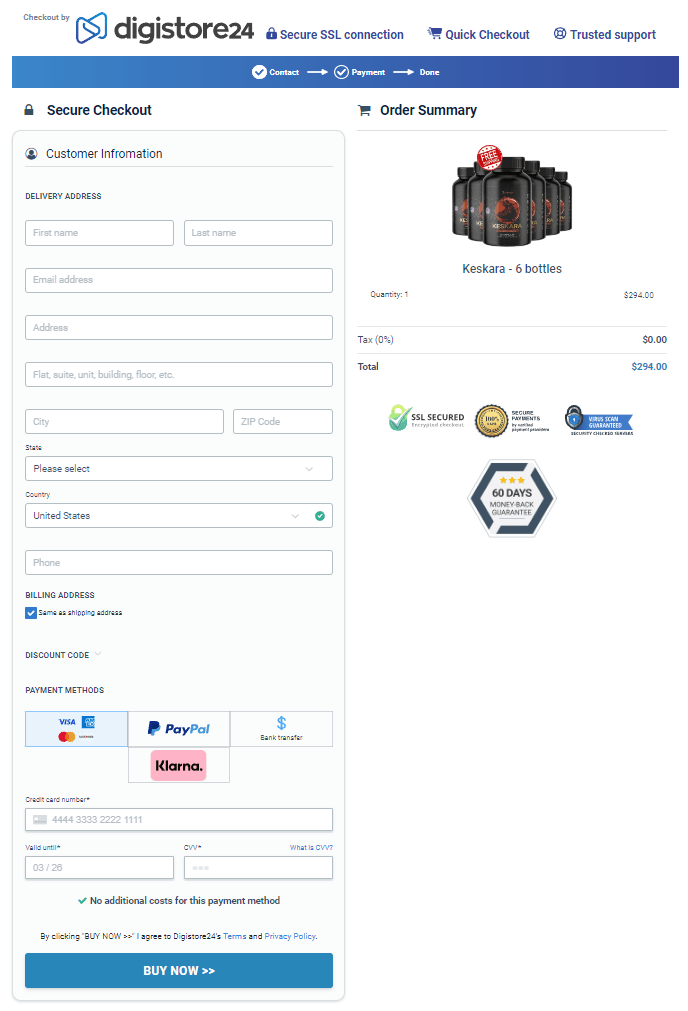 Keskara order page